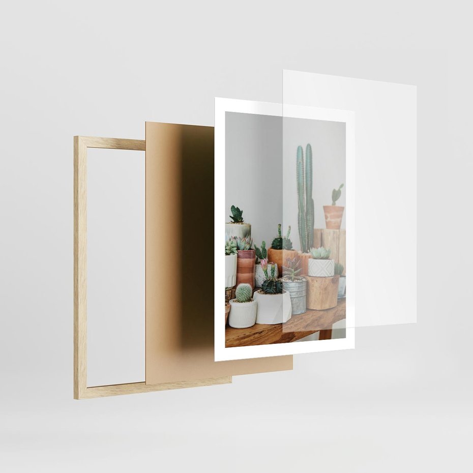 Plakat w ramie 50x70 - Kaktusowa Galeria w Doniczkach - kaktusy w doniczkach, fotografia - rama drewno