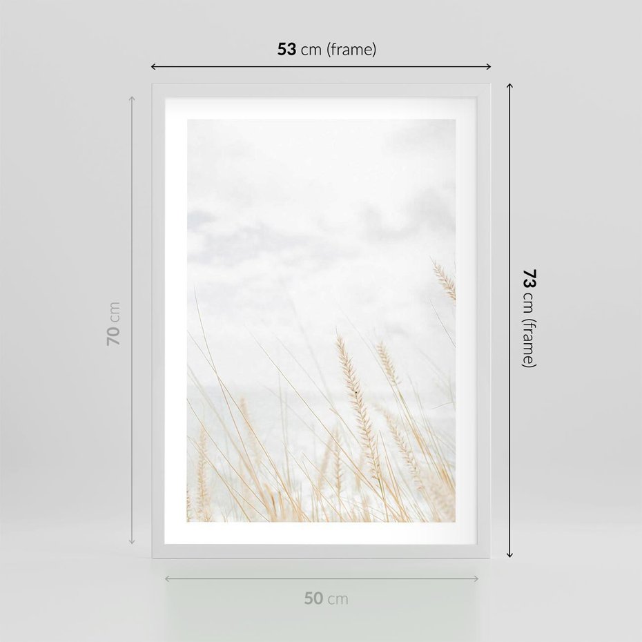Plakat w ramie 50x70 - Jasna Delikatność: Fotografia Suchych Traw - suche trawy, jasna fotografia - rama biała