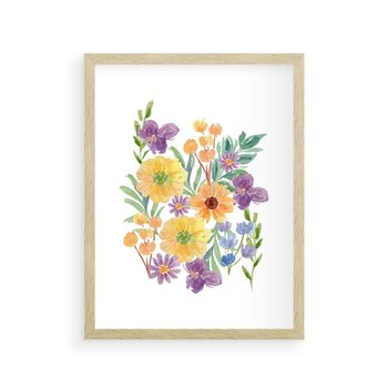 Plakat w ramie 30x40 - Kwiatowe Wibracje - akwarelowe polne kwiaty, minimalistyczny plakat - rama drewno