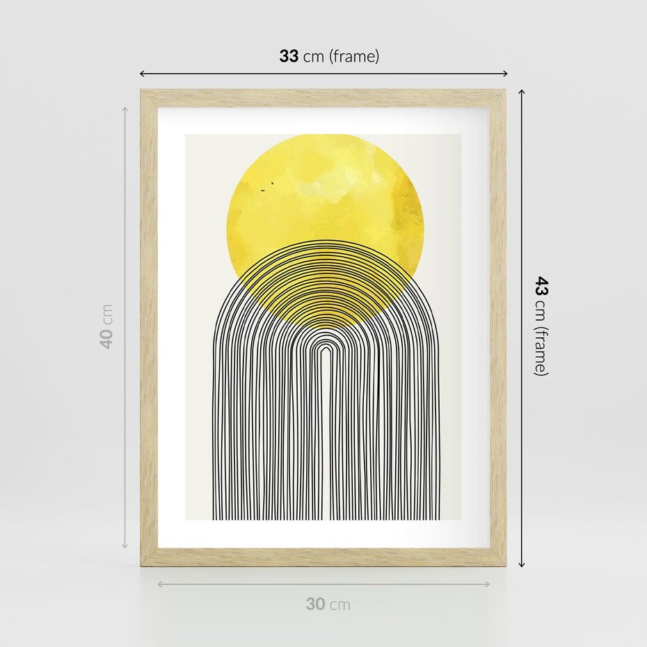 Plakat w ramie 30x40 - Słoneczne Odbicia - geometria, żółte koło - rama drewno