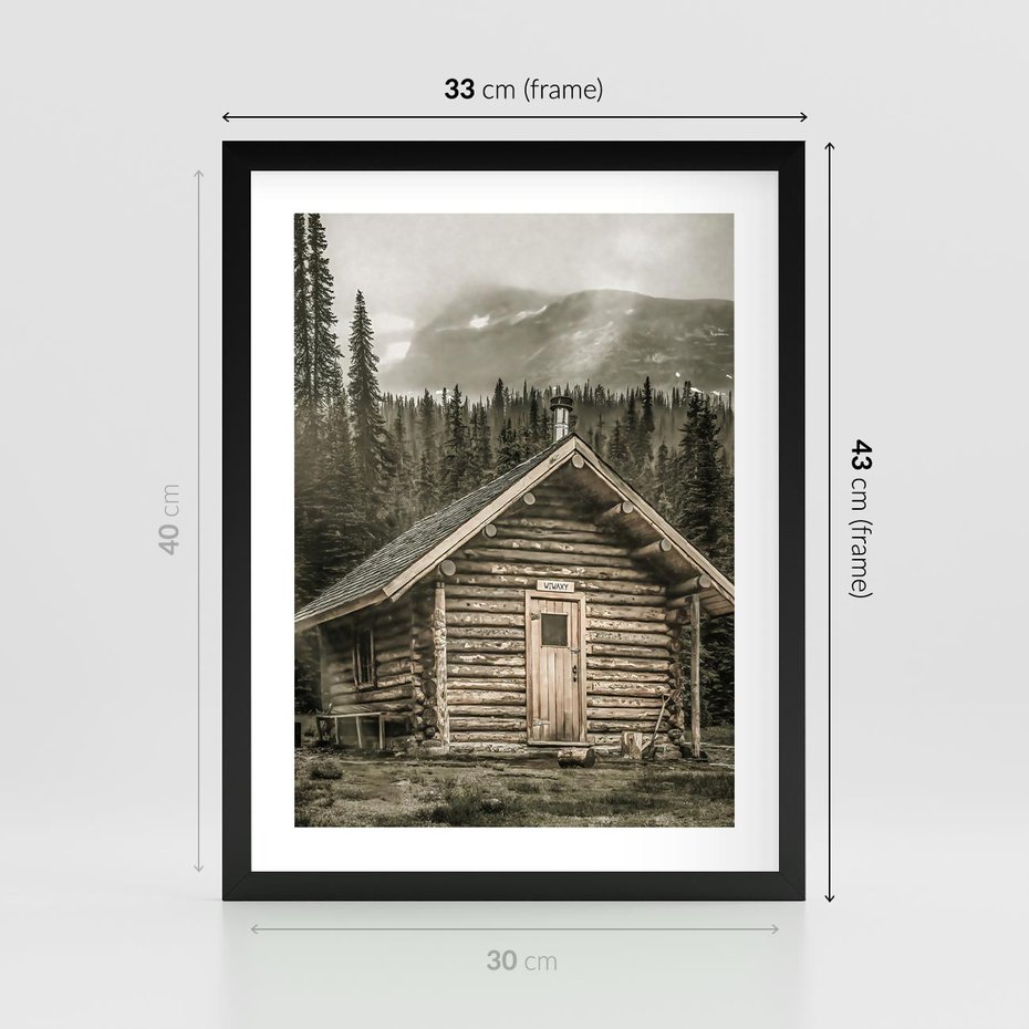 Plakat w ramie 30x40 - Urok Drewnianej Chatki w Górach - chatka w górach, drewniany domek - rama czarna