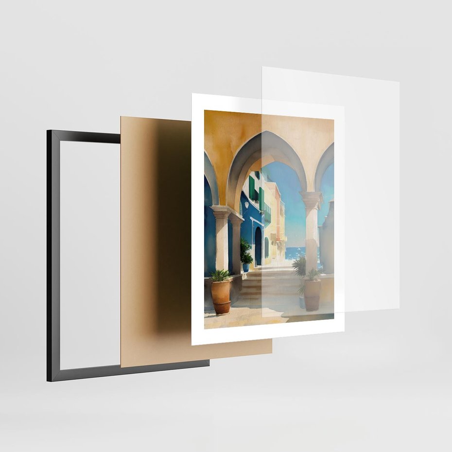 Plakat w ramie 40x50 - Nadmorskie Łuki - akwarela, śródziemnomorski klimat - rama czarna