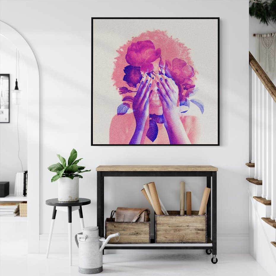 Obraz w ramie 50x50 - Kwiaty we Włosach - różowa postać, grafika - rama czarna