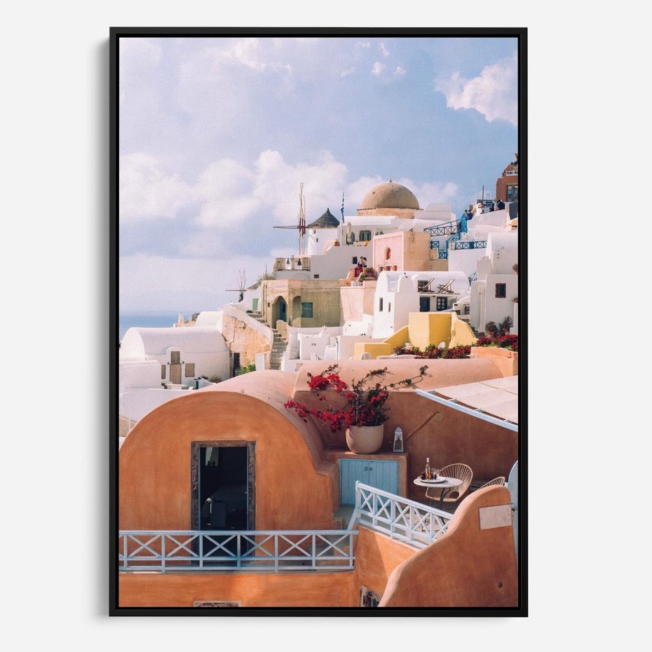 Obraz w ramie 50x70 - Błękit Morza i Białe Domki - Santorini, wyspa - rama czarna