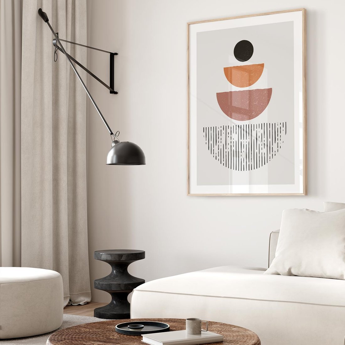 Plakat w ramie 50x70 - Półkola i Boho Akcent - geometria, półkola - rama drewno