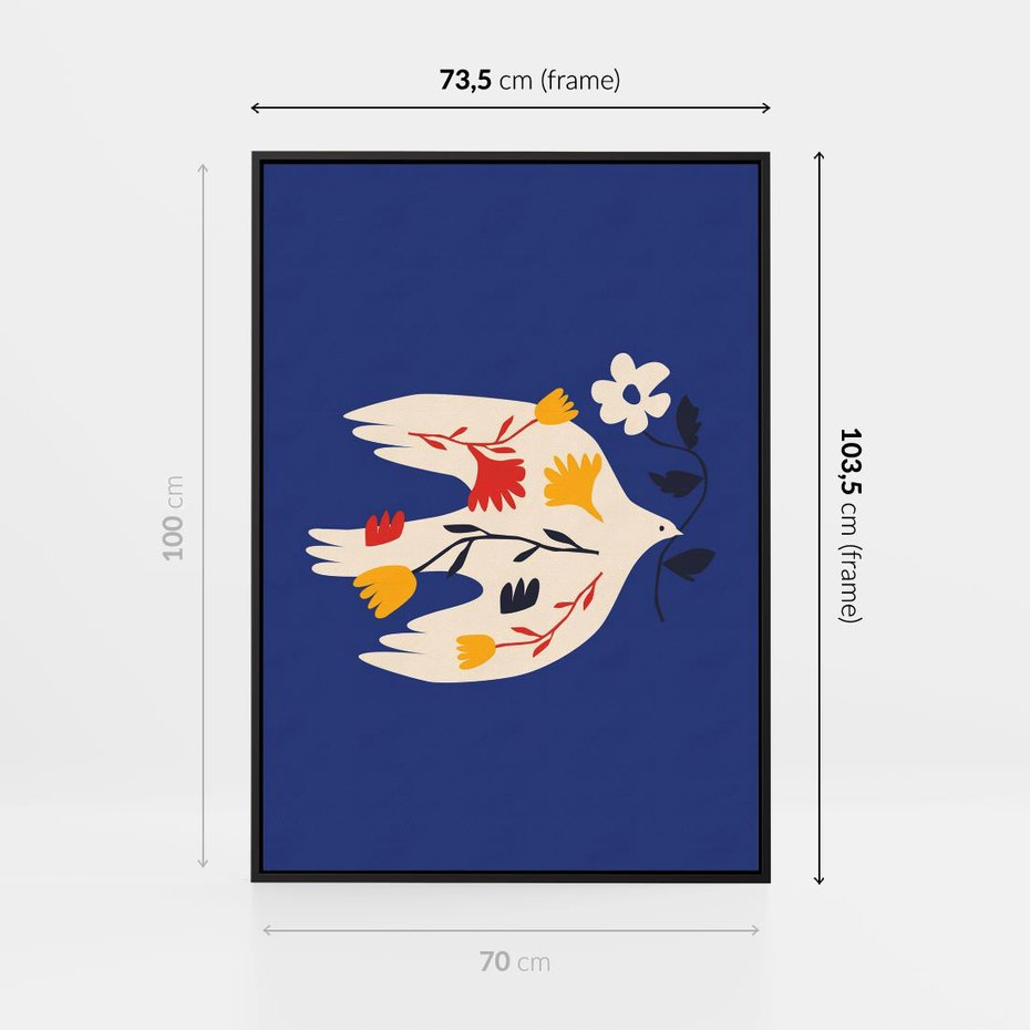 Obraz w ramie 70x100 - Bezgraniczne Widoki - niebieskie tło, abstrakcyjny biały ptak - rama czarna