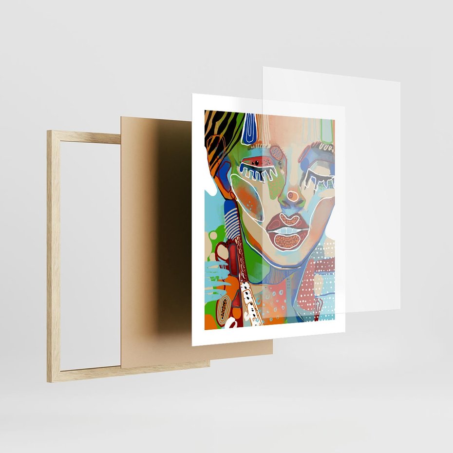 Plakat w ramie 40x50 - Kolorowe Formy - abstrakcyjny portret kobiety, twarz - rama drewno