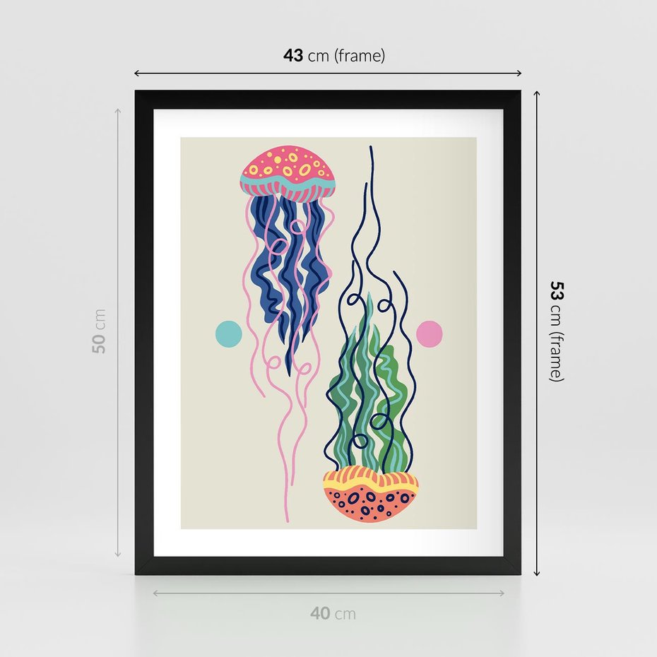 Plakat w ramie 40x50 - Morskie Pulsacje - nowoczesny optymistyczny plakat, kolorowe meduzy - rama czarna