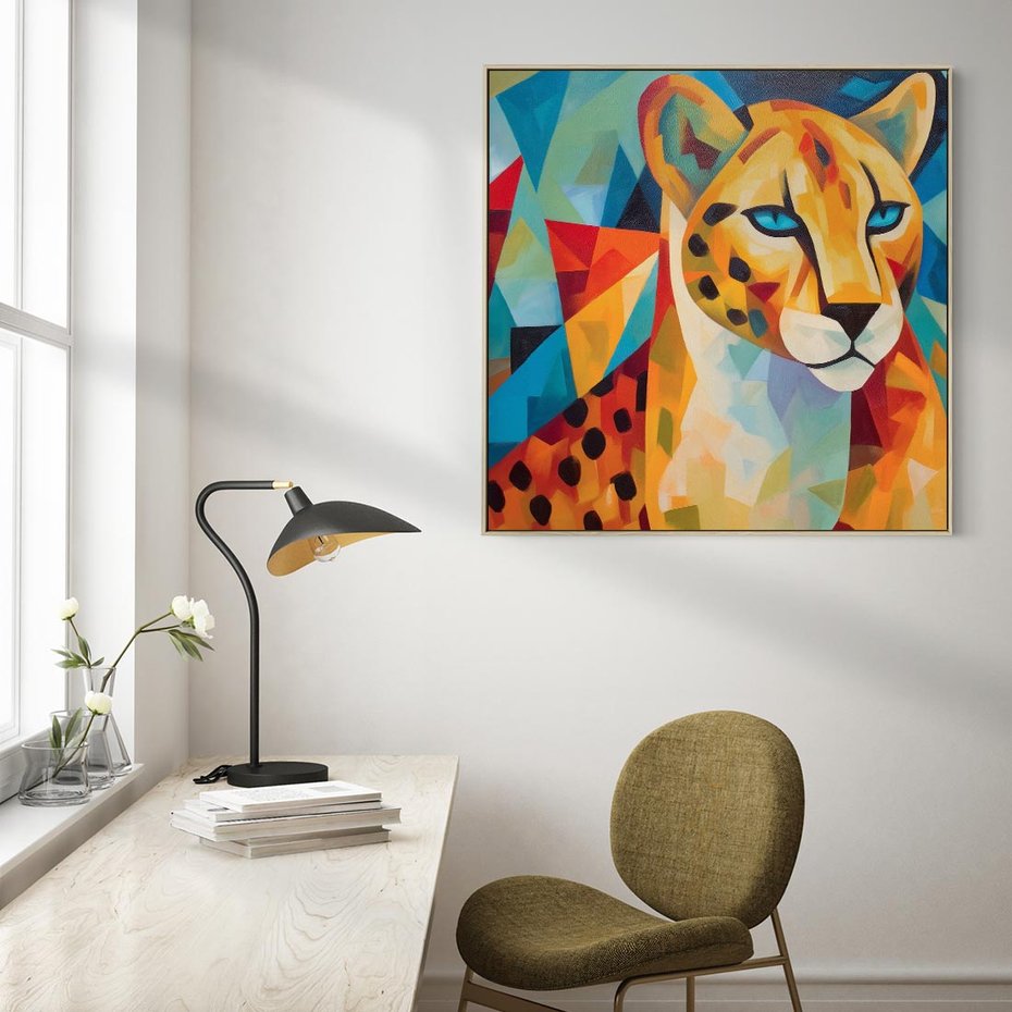 Obraz w ramie 80x80 - Dzikie Piękno - abstrakcyjny portret geparda, intensywne kolory - rama drewno