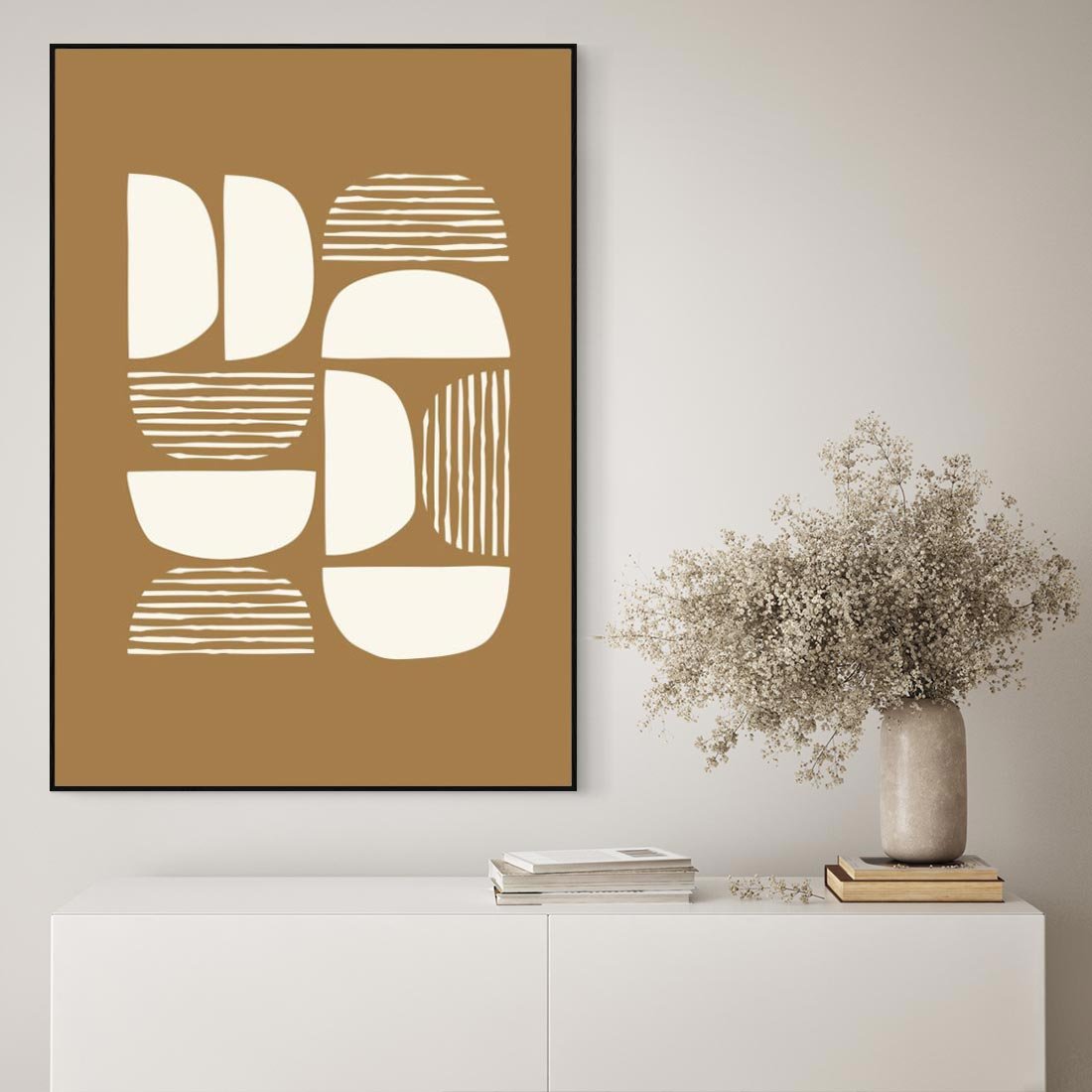Obraz w ramie 70x100 - Wewnętrzne Spektrum - geometryczne boho kształty na brązowym, karmelowym tle - rama czarna