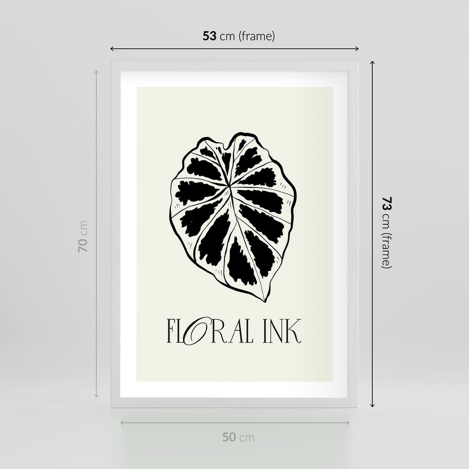 Plakat w ramie 50x70 - Zapisane na liściach wspomnienia - liść, czarny kontur na jasnym tle - rama biała