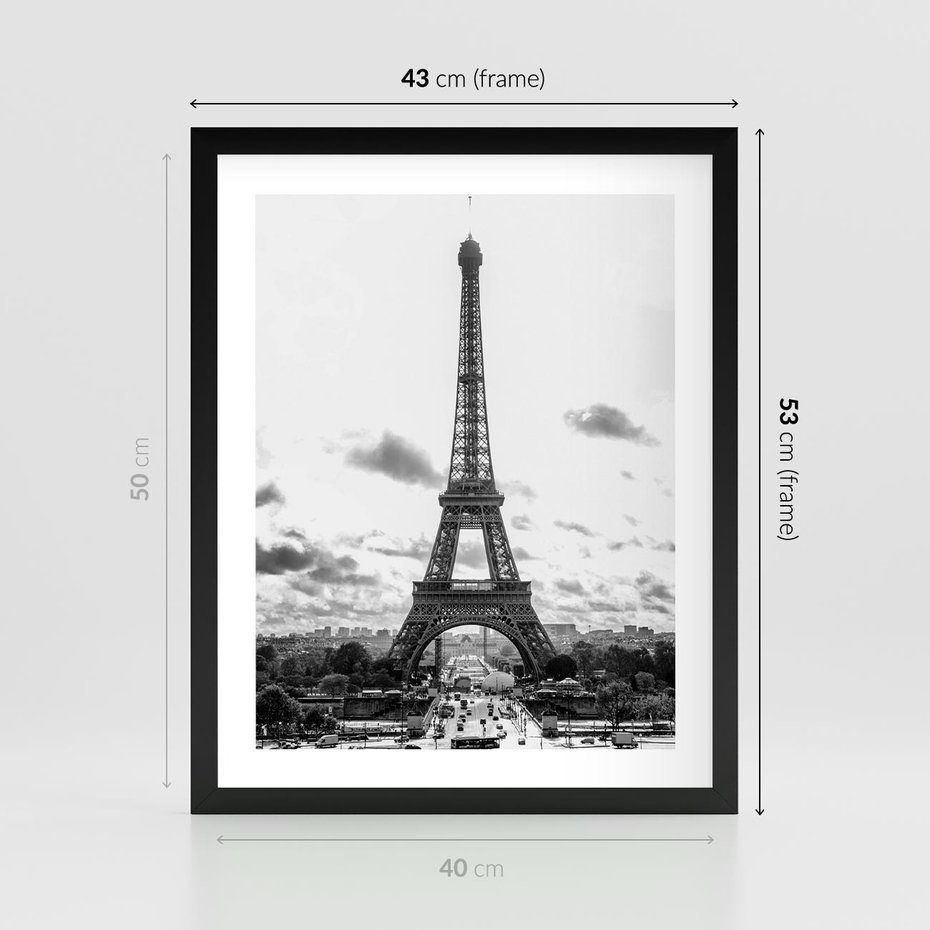 Plakat w ramie 40x50 - Wieża Eiffla - czarno białe zdjecie, wieża eiffla - rama czarna