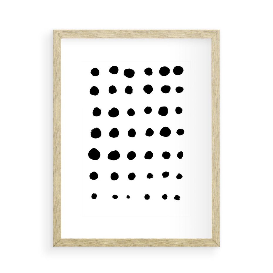 Plakat w ramie 50x70 - Refleksje Światła - minimalistyczna kompozycja, czarne kropkina białym tle - rama drewno