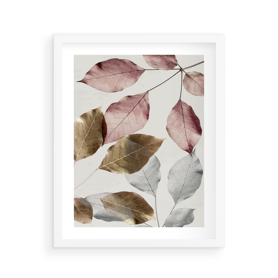 Plakat w ramie 40x50 - Pastelowe Liście z Nutką Złota - liście, pastelowe kolory - rama biała