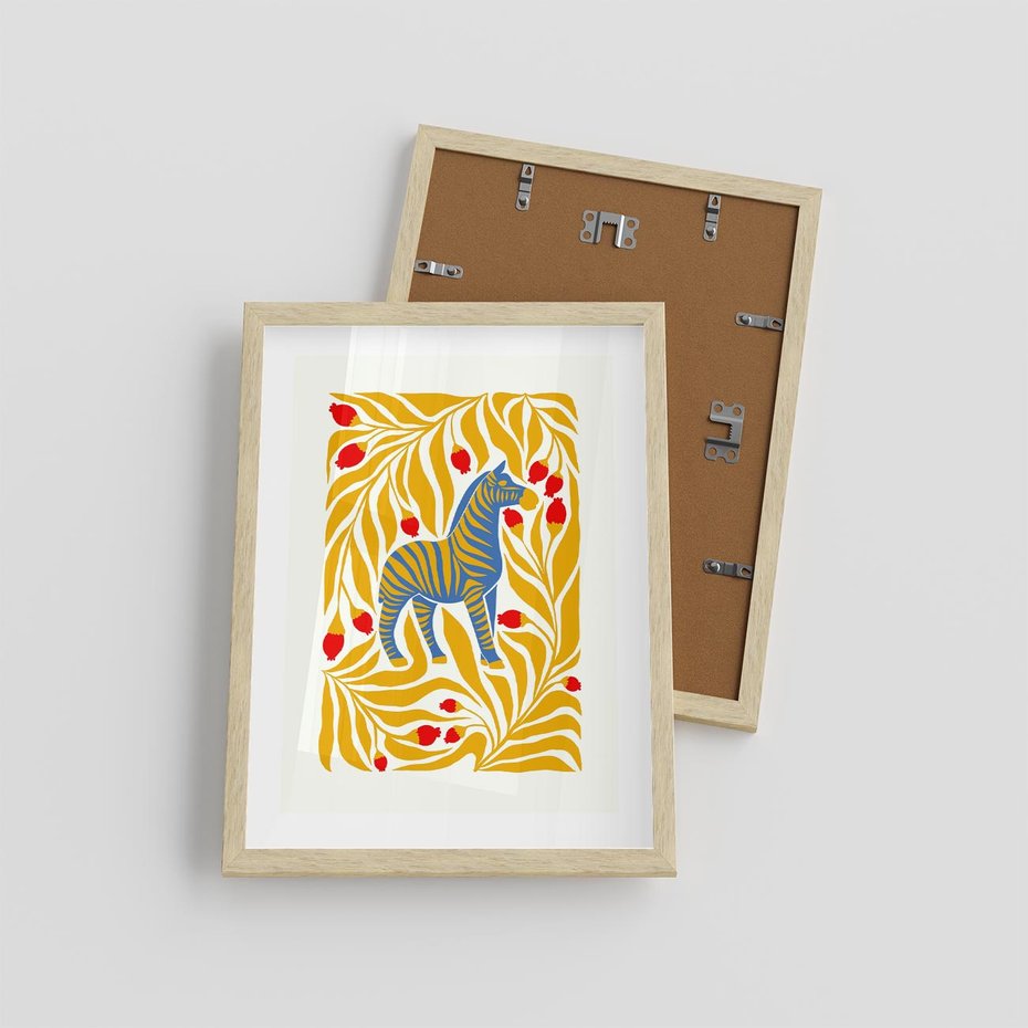 Plakat w ramie 30x40 - Zebra w Nowoczesności - abstrakcyjna nowoczesna grafika, pośrodku zebra - rama drewno