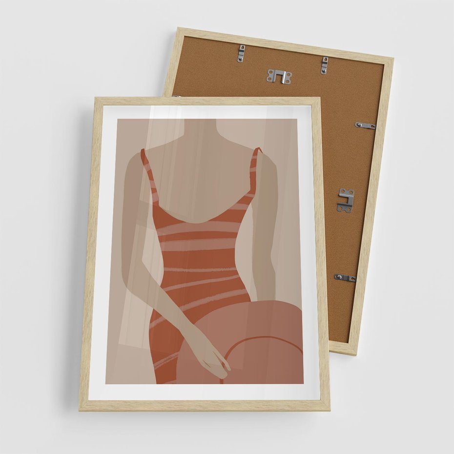 Plakat w ramie 50x70 - Kobiece Retro - minimalistyczny boho plakat, retro kobieta w stroju kąpielowym - rama drewno