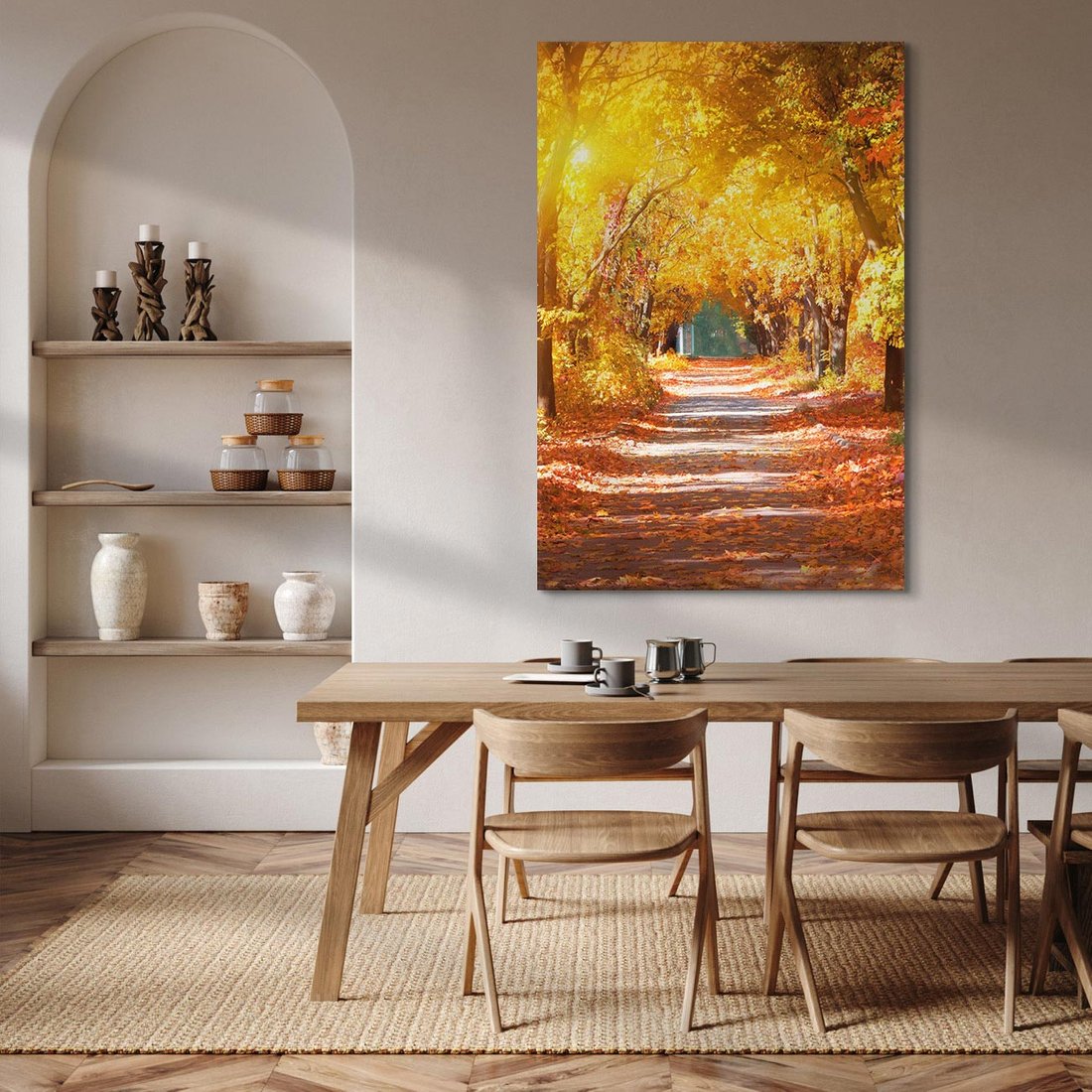 Obraz na płótnie 70x100 - Jesienna Droga: Przechadzka wśród Drzew - jesień, droga