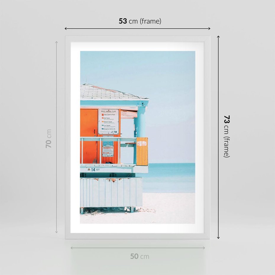 Plakat w ramie 50x70 - Letnia Idylla - plaża, domek na plaży - rama biała