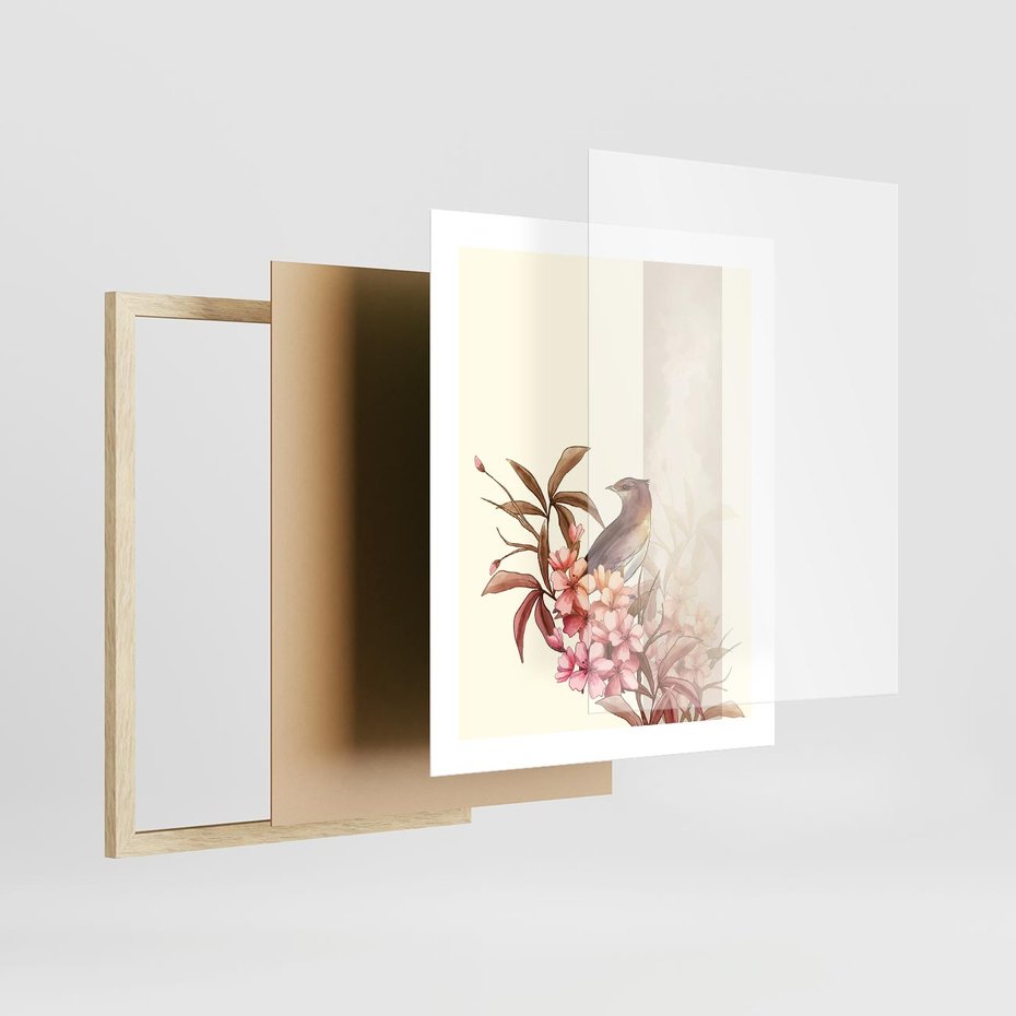 Plakat w ramie 40x50 - Kwiatowe Zanurzenie - japońska sztuka, ptak - rama drewno