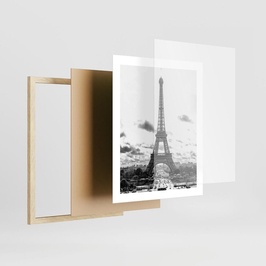 Plakat w ramie 40x50 - Wieża Eiffla - czarno białe zdjecie, wieża eiffla - rama drewno