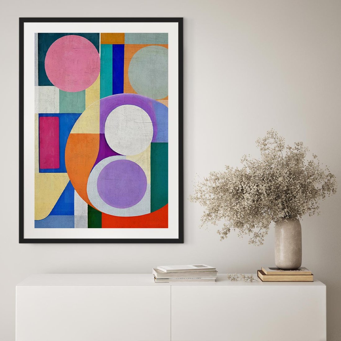 Plakat w ramie 50x70 - Migotliwe Impulsy Dźwięku - różne geometryczne formy, koła - rama czarna