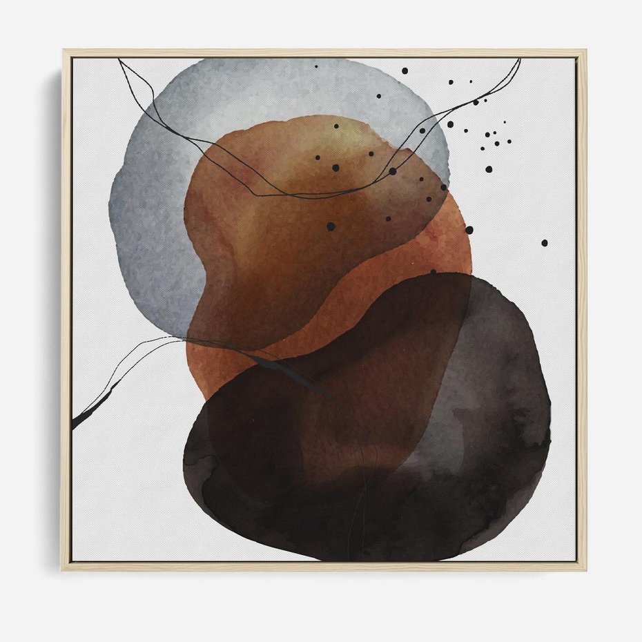 Obraz w ramie 80x80 - Kolorowe Wizje - abstrakcyjne plamy akwarelowe, czarny szkic - rama drewno