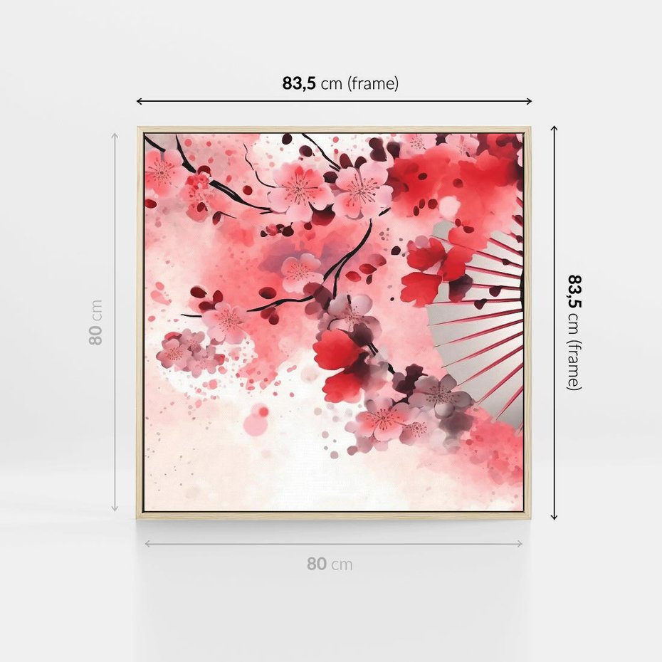 Obraz w ramie 80x80 - Szept Kwitnącej Wiśni - japoński parasol, liście - rama drewno