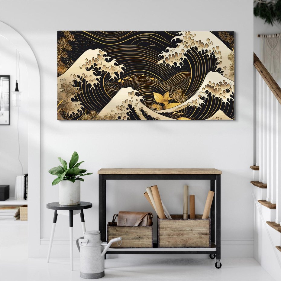 Obraz na płótnie 120x60 - Złote Piękno - ciemny obraz, fala morska