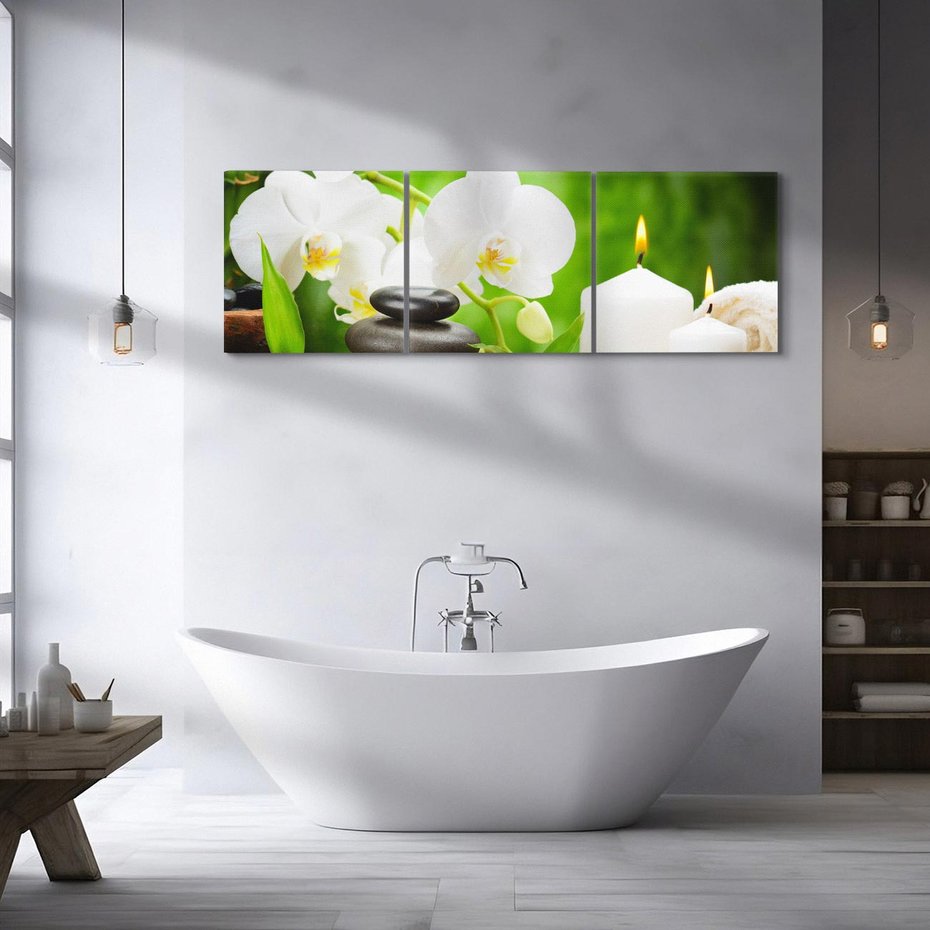 Obraz na płótnie 150x50 - Relaksacyjny SPA: masaż z kamieniami i kwiatami - SPA, masaż