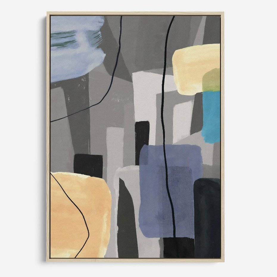 Obraz w ramie 70x100 - Harmonia w chaosie serca - abstrakcja na szarym tle, kolorowe plamy koloru - rama drewno