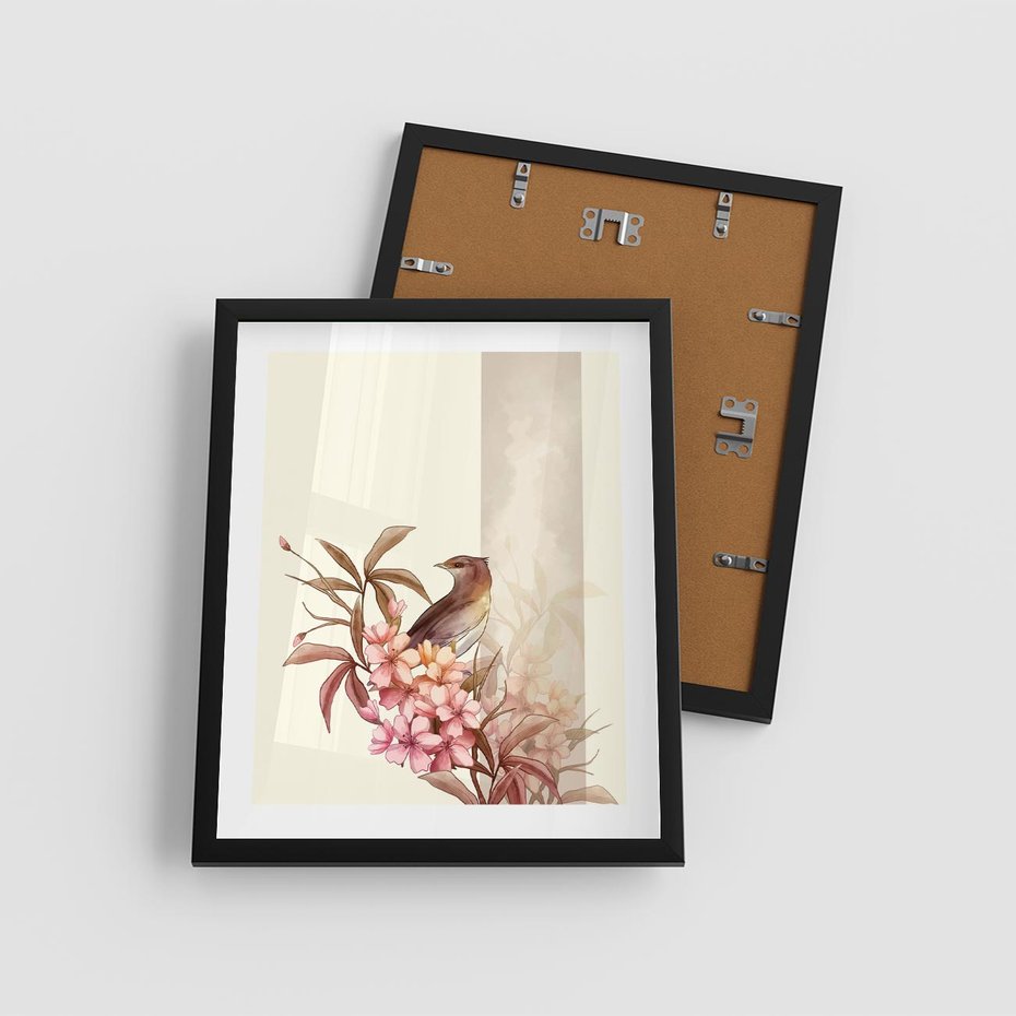 Plakat w ramie 40x50 - Kwiatowe Zanurzenie - japońska sztuka, ptak - rama czarna