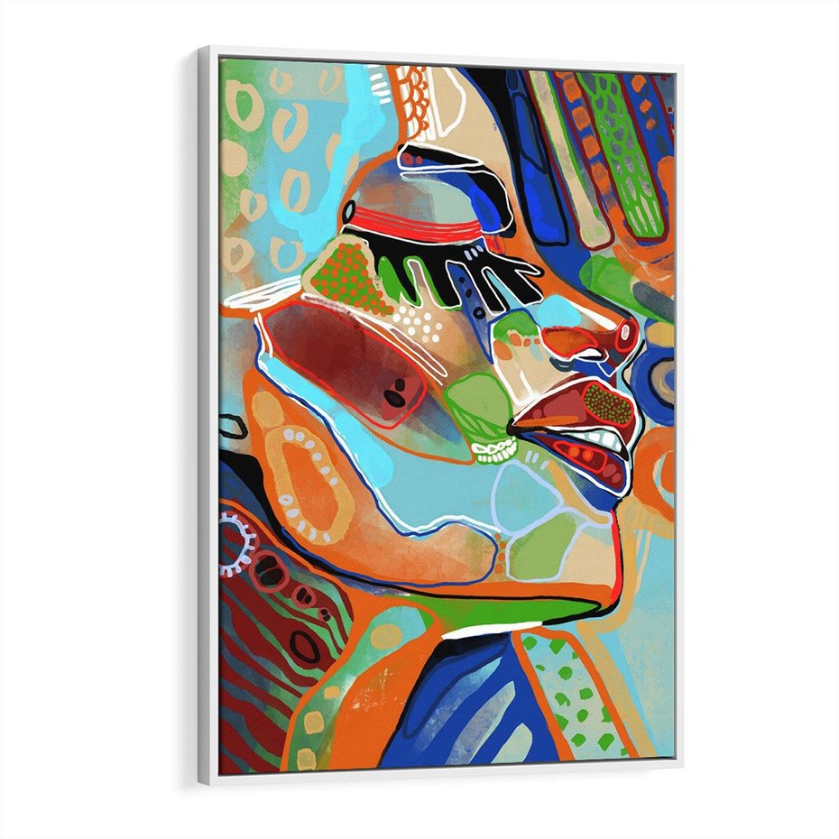 Obraz w ramie 70x100 - Kolorowe Wnętrza Kształtów - abstrakcyjny portret kobiety, twarz - rama biała