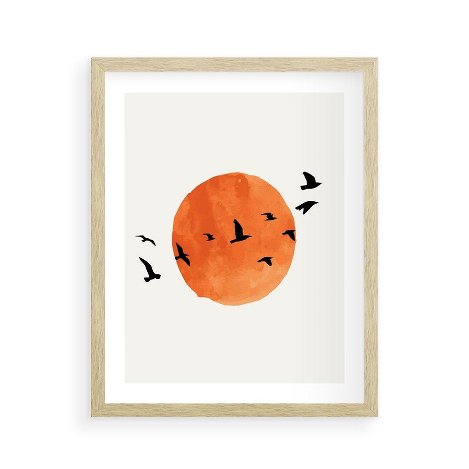 Plakat w ramie 40x50 - Zachód Słońca i Ptaki - grafika akwarela, czarne ptaki na tle zachodu słońca - rama drewno