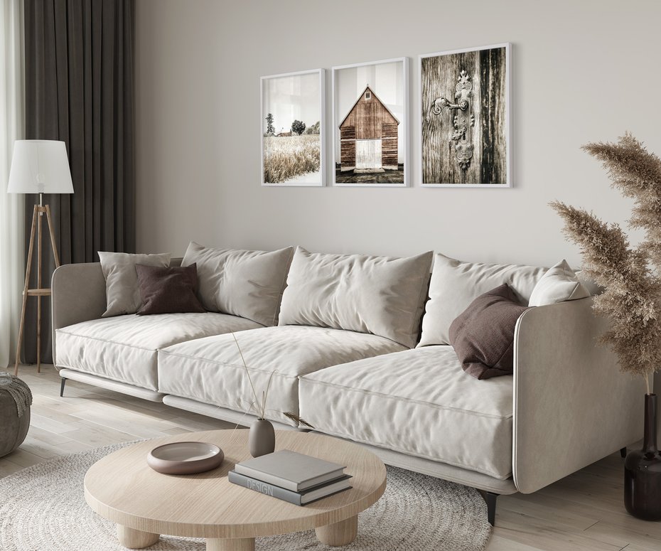 Zestaw obrazy w ramie 50x70 galeria - Rustykalny, tryptyk, klamka, kłódka, domek - rama biała