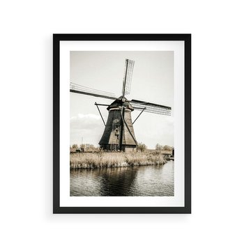 Plakat w ramie 30x40 - Holenderski Wiatrak w Sepii - holenderski wiatrak, młyn - rama czarna