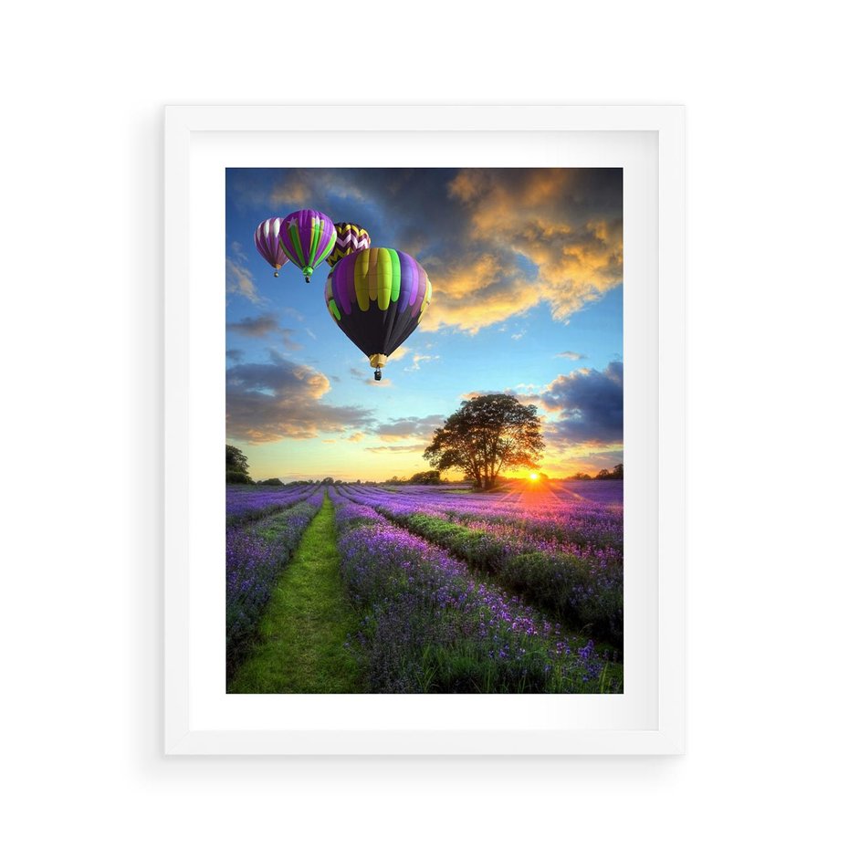 Plakat w ramie 40x50 - Lawendowe Marzenia - lawenda, balony - rama biała