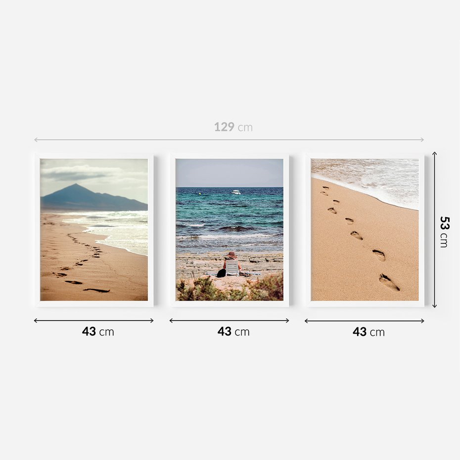 Zestaw obrazy w ramie 40x50 galeria - Plaża, zachód, słońca, ślady - rama biała