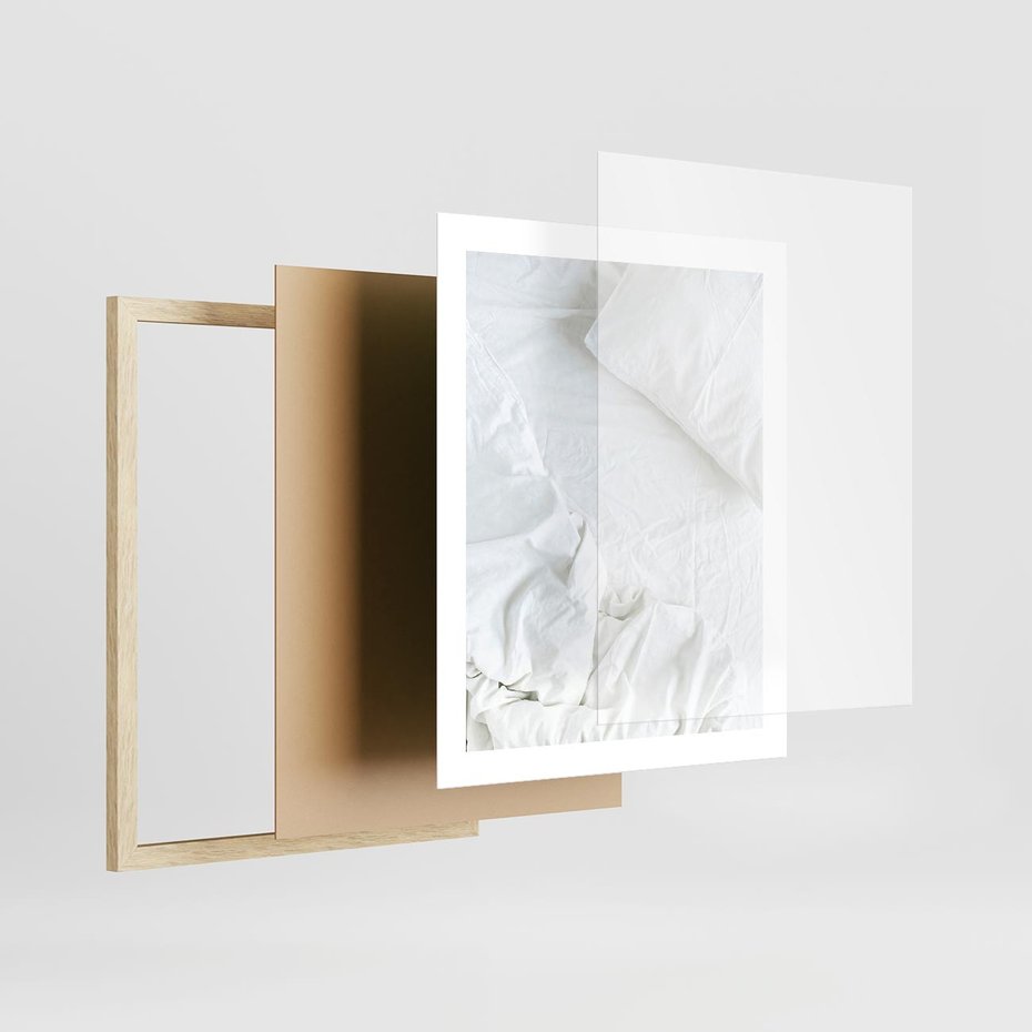 Plakat w ramie 40x50 - Sztuka i Komfort - pościel, biała kołdra poduszka - rama drewno