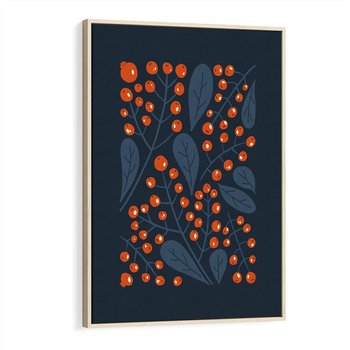 Obraz w ramie 80x120 - Symfonia liści i owoców - granatowe tło, pomarańczowe owoce jarzębiny - rama drewno