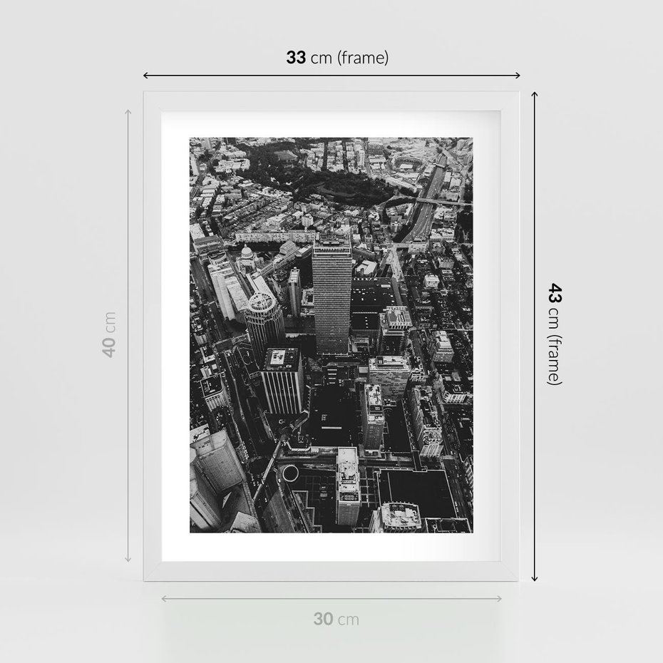 Plakat w ramie 30x40 - Kontrastujące miasto - miasto, biało - rama biała