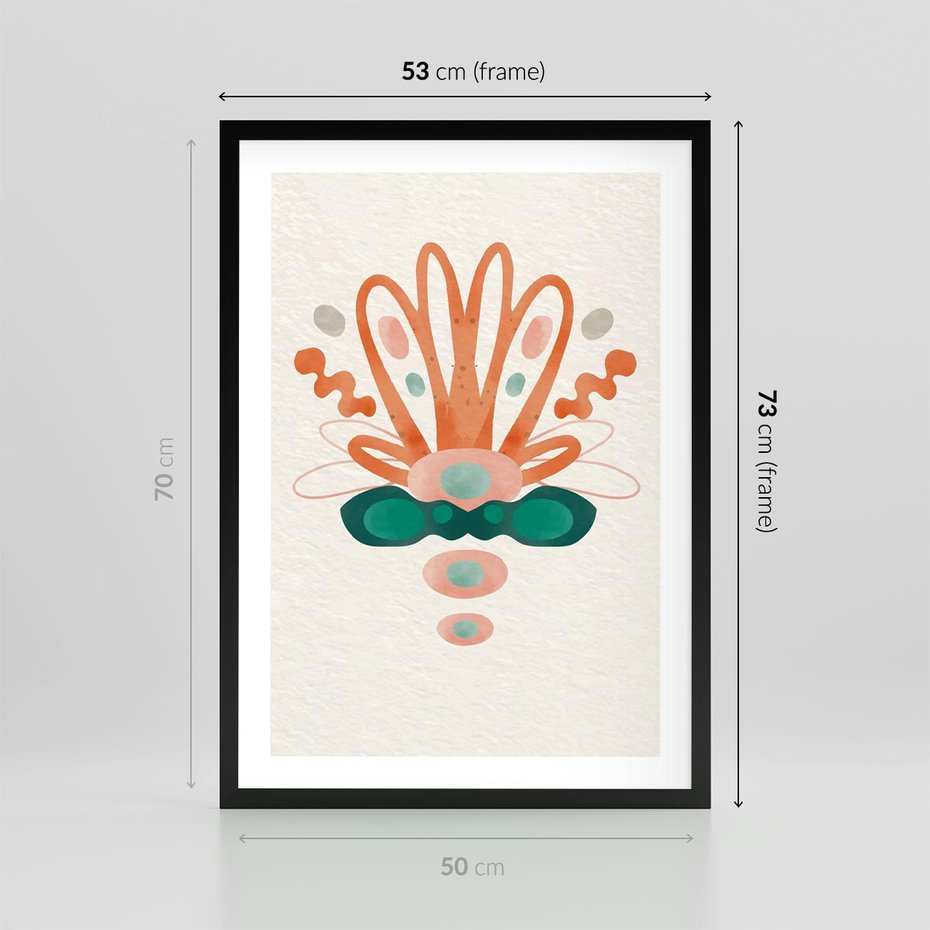 Plakat w ramie 50x70 - Harmonia Nienormalności - akwarelowe abstrakcyjne kształty, zieleń i pomarańcz - rama czarna