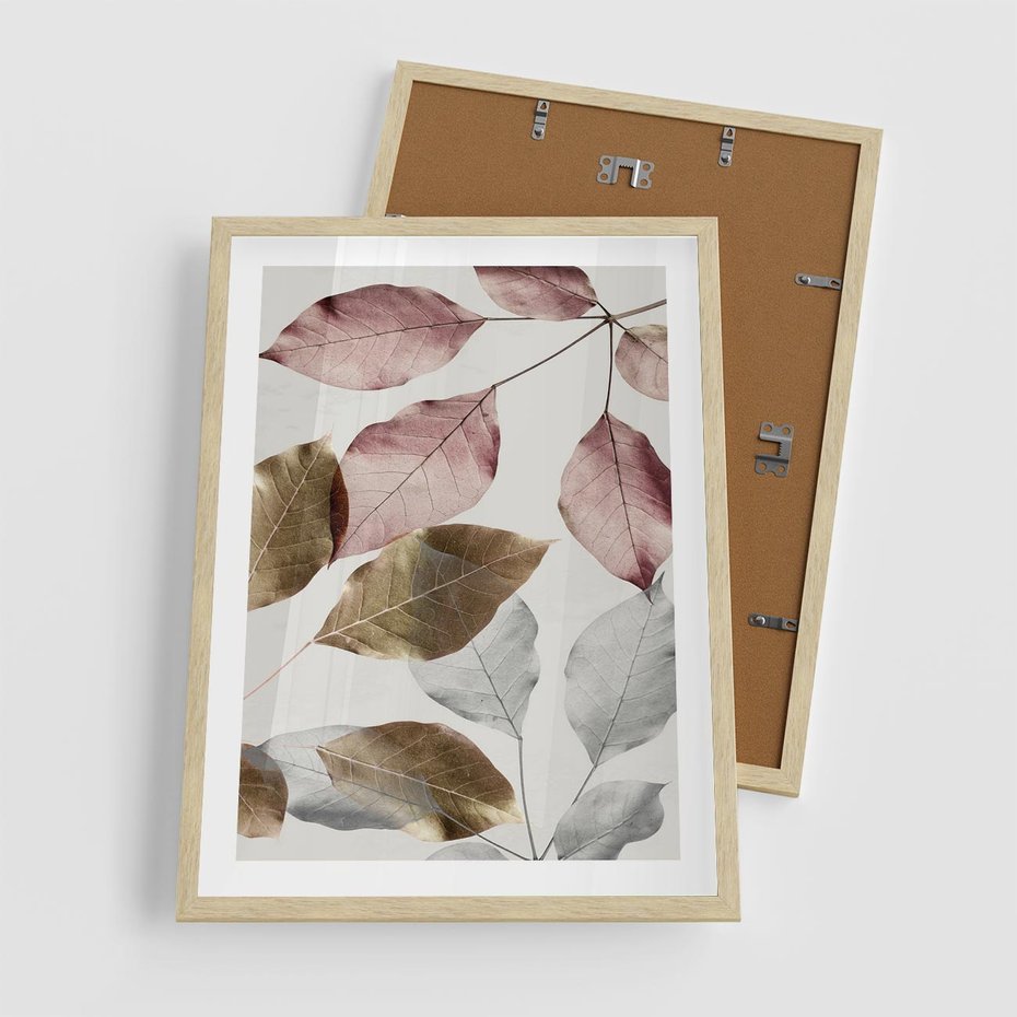 Plakat w ramie 50x70 - Pastelowe Liście z Nutką Złota - liście, pastelowe kolory - rama drewno