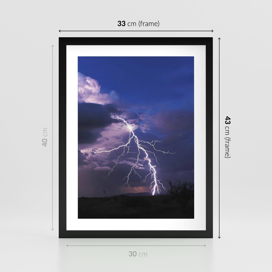 Plakat w ramie 30x40 - Burza z błyskawicami nad horyzontem - burza, błyskawica - rama czarna