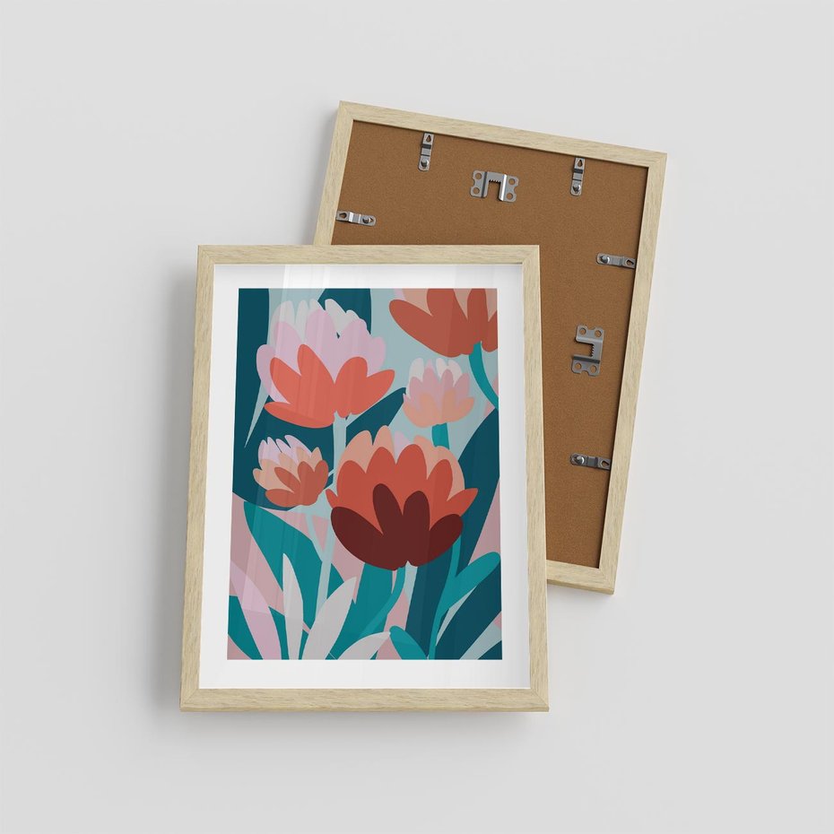 Plakat w ramie 30x40 - Symfonia Kwiatów - abstrakcyjna kompozycja kwiatowych form, kolor zgaszone - rama drewno
