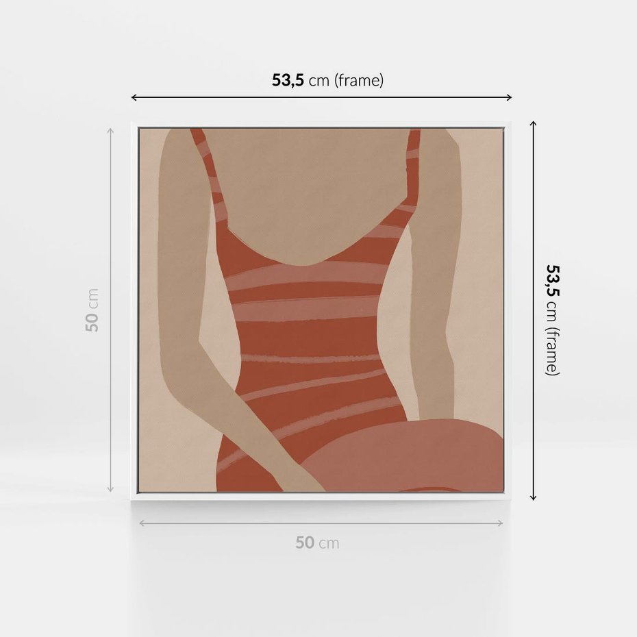 Obraz w ramie 50x50 - Kobiece Retro - minimalistyczny boho plakat, retro kobieta w stroju kąpielowym - rama biała