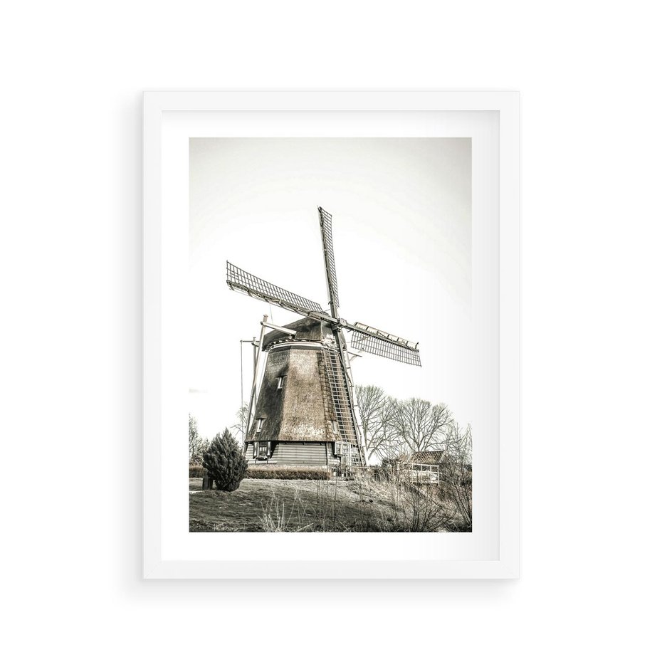 Plakat w ramie 30x40 - Wiejska Idylla z Młynem - wiatrak, młyn - rama biała