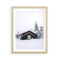 Plakat w ramie 50x70 - Zimowy Azyl: Domek w Górach - domek w górach, śnieg - rama drewno