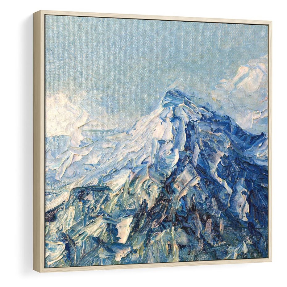 Obraz w ramie 50x50 - Majestat Błękitnych Szczytów - olejny obraz, górski pejzaż - rama drewno