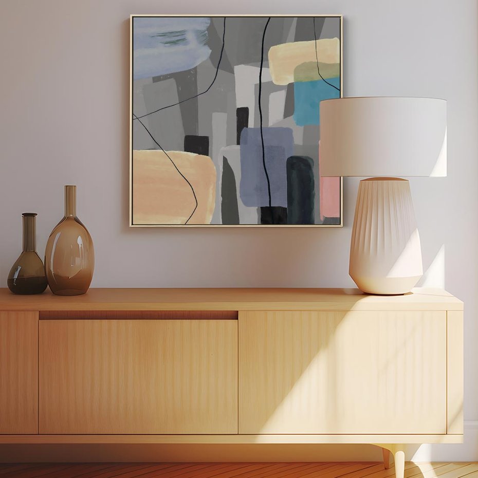 Obraz w ramie 80x80 - Harmonia w chaosie serca - abstrakcja na szarym tle, kolorowe plamy koloru - rama drewno