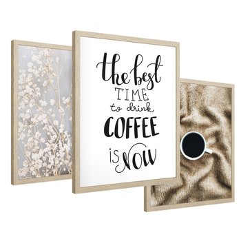 Zestaw obrazy w ramie 50x70 galeria - Kawa, typografia, kwiaty - rama drewno